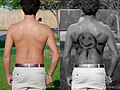 "Sunscreen_on_back_under_normal_and_UV_light.jpg" by User:HYanWong